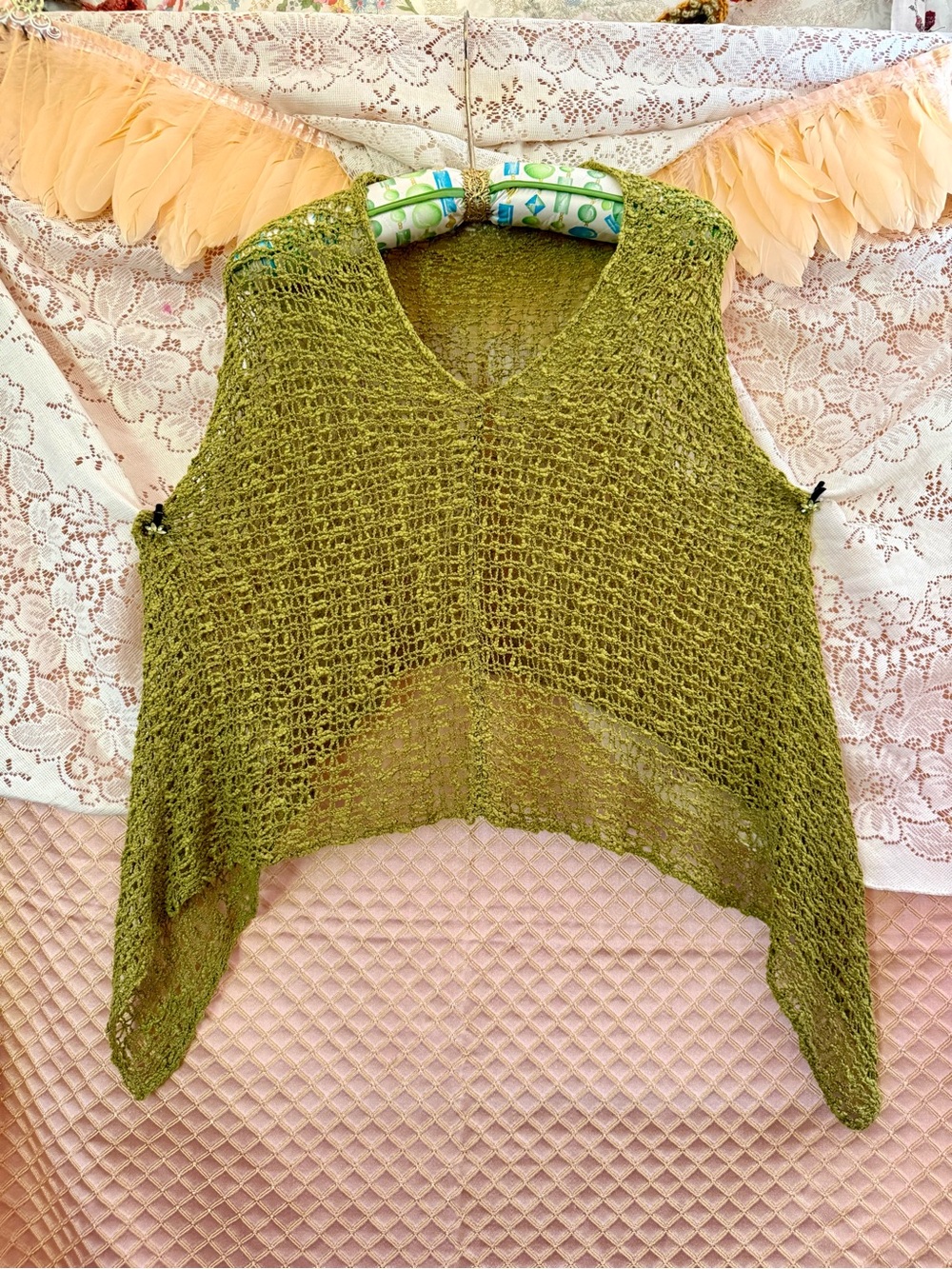 Mossy Green Hand-Knit V-Neck Women's Poncho/Shawl OS